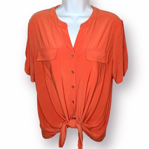 Cato Buttob Down Tie Front Blouse Coral Top M - Picture 3 of 10